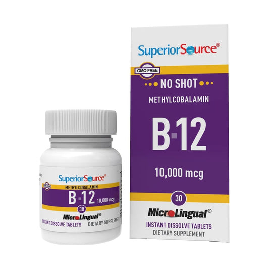 Superior Source No Shot Methylcobalamin B-12 10000 mcg – Vitamin B-12 zur Unterstützung der Energieproduktion, Gehirngesundheit und des allgemeinen Wohlbefindens – Sublinguale Tabletten für schnelle Absorption – 30 lösliche Tabletten