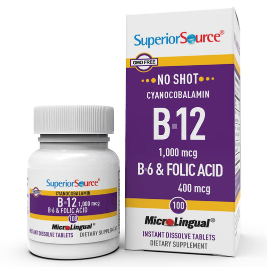 Superior Source Vitamin B-12 Cyanocobalamin 1000 mcg, B-6, Folsäure 400 mcg – Unterstützt Herz- und Gehirngesundheit, fördert natürliche Energie – 100 sublinguale Schmelztabletten