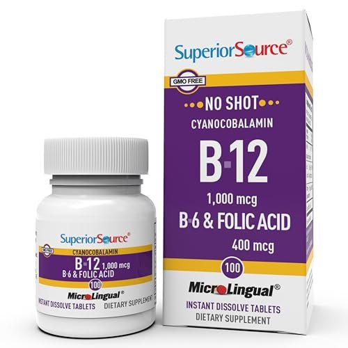 Superior Source Vitamin B-12 Cyanocobalamin 1000 mcg, B-6, Folsäure 400 mcg – Unterstützt Herz- und Gehirngesundheit, fördert natürliche Energie – 100 sublinguale Schmelztabletten