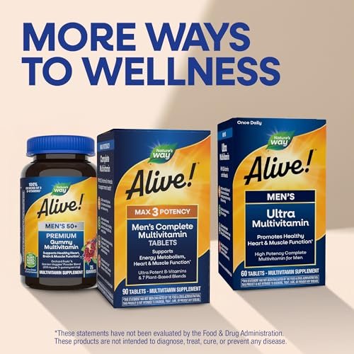 Nature's Way Alive! Men's Max3 Potency Daily Multivitamin – Hochdosiertes Multivitamin für Männer mit B-Vitaminen für Zellenergie*, Unterstützung für Herz, Muskeln und Augengesundheit*, 90 Tabletten