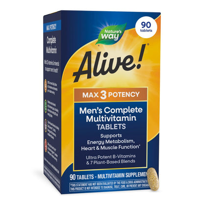 Nature's Way Alive! Men's Max3 Potency Daily Multivitamin – Hochdosiertes Multivitamin für Männer mit B-Vitaminen für Zellenergie*, Unterstützung für Herz, Muskeln und Augengesundheit*, 90 Tabletten