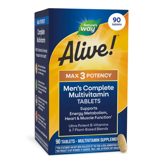 Nature's Way Alive! Men's Max3 Potency Daily Multivitamin – Hochdosiertes Multivitamin für Männer mit B-Vitaminen für Zellenergie*, Unterstützung für Herz, Muskeln und Augengesundheit*, 90 Tabletten