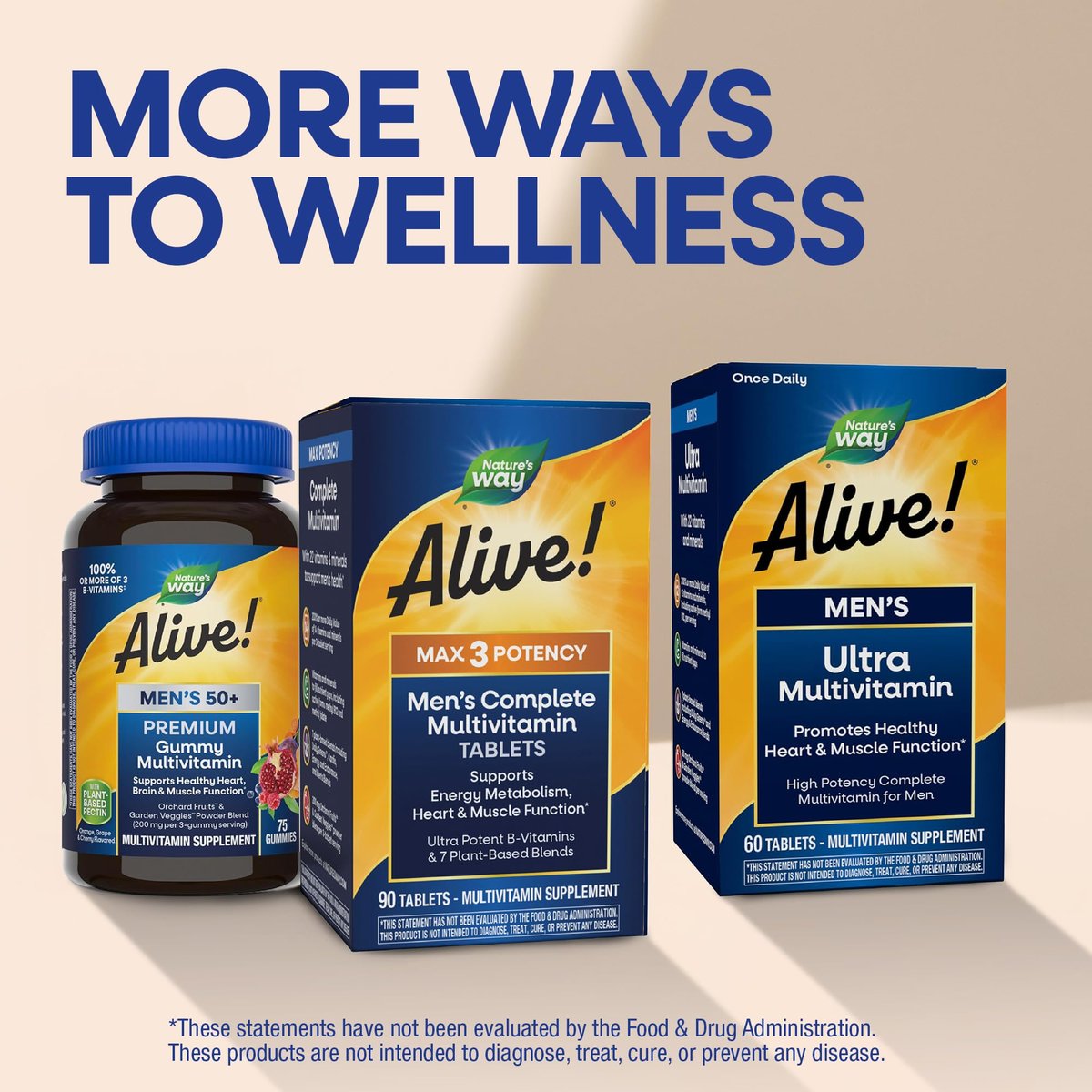 Nature's Way Alive! Men's Max3 Potency Daily Multivitamin – Hochdosiertes Multivitamin für Männer mit B-Vitaminen für Zellenergie*, Unterstützung für Herz, Muskeln und Augengesundheit*, 90 Tabletten