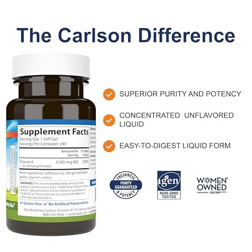 Carlson Vitamin A 15.000 IE (4500 µg RAE) Palmitat – 240 Softgels für Sehkraft, gesunde Haut & Immunsystem