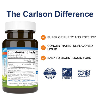 Carlson Vitamin A 15.000 IE (4500 µg RAE) Palmitat – 240 Softgels für Sehkraft, gesunde Haut & Immunsystem