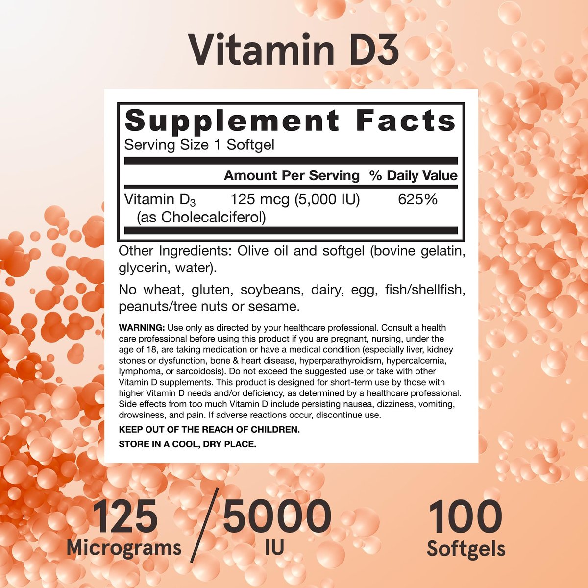 Jarrow Formulas Vitamin D3 125 mcg (5000 IE) - 100 Softgels - Knochengesundheit, Immununterstützung & Kalziumstoffwechsel - Glutenfrei