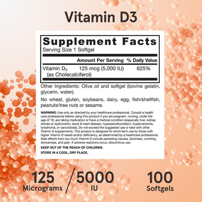 Jarrow Formulas Vitamin D3 125 mcg (5000 IE) - 100 Softgels - Knochengesundheit, Immununterstützung & Kalziumstoffwechsel - Glutenfrei