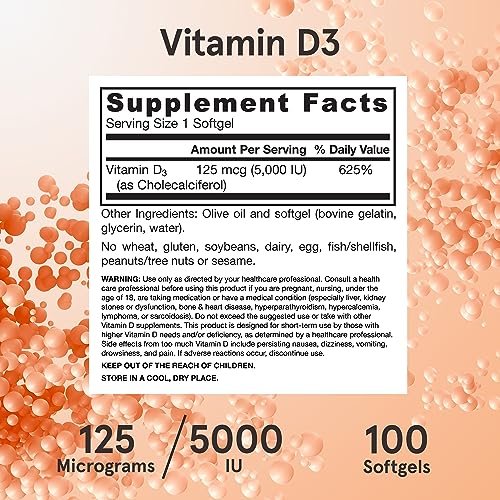 Jarrow Formulas Vitamin D3 125 mcg (5000 IE) - 100 Softgels - Knochengesundheit, Immununterstützung & Kalziumstoffwechsel - Glutenfrei