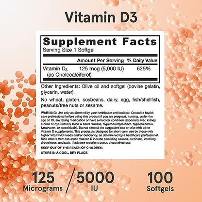 Jarrow Formulas Vitamin D3 125 mcg (5000 IE) - 100 Softgels - Knochengesundheit, Immununterstützung & Kalziumstoffwechsel - Glutenfrei