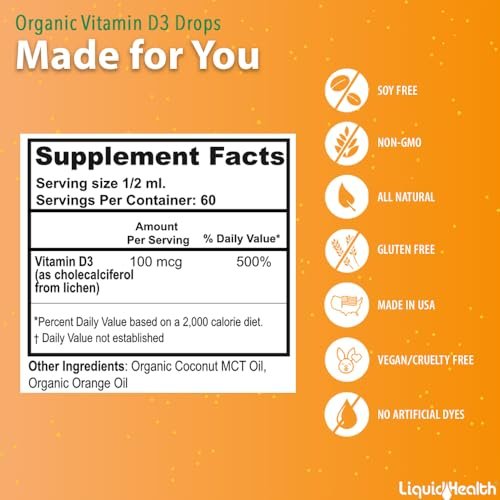 LIQUIDHEALTH Vitamin D3 4000 IE, USDA Bio Vitamin D Flüssig-Tropfen für Erwachsene & Kinder, Veganes Vitamin D zur Unterstützung des Immunsystems, Knochengesundheit, Stimmungsunterstützung, Gesunde Haut – Hergestellt in den USA (30 ml)