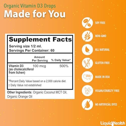 LIQUIDHEALTH Vitamin D3 4000 IE, USDA Bio Vitamin D Flüssig-Tropfen für Erwachsene & Kinder, Veganes Vitamin D zur Unterstützung des Immunsystems, Knochengesundheit, Stimmungsunterstützung, Gesunde Haut – Hergestellt in den USA (30 ml)