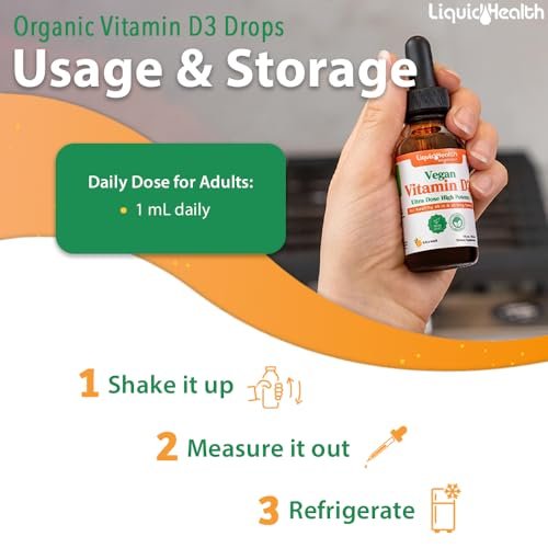 LIQUIDHEALTH Vitamin D3 4000 IE, USDA Bio Vitamin D Flüssig-Tropfen für Erwachsene & Kinder, Veganes Vitamin D zur Unterstützung des Immunsystems, Knochengesundheit, Stimmungsunterstützung, Gesunde Haut – Hergestellt in den USA (30 ml)