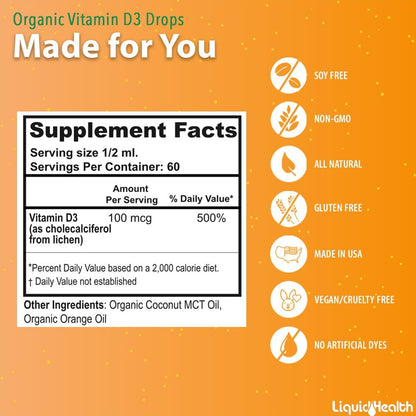 LIQUIDHEALTH Vitamin D3 4000 IE, USDA Bio Vitamin D Flüssig-Tropfen für Erwachsene & Kinder, Veganes Vitamin D zur Unterstützung des Immunsystems, Knochengesundheit, Stimmungsunterstützung, Gesunde Haut – Hergestellt in den USA (30 ml)