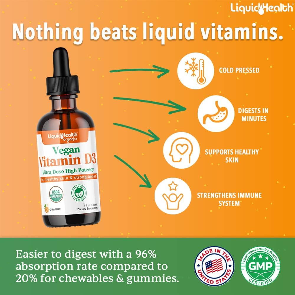 LIQUIDHEALTH Vitamin D3 4000 IE, USDA Bio Vitamin D Flüssig-Tropfen für Erwachsene & Kinder, Veganes Vitamin D zur Unterstützung des Immunsystems, Knochengesundheit, Stimmungsunterstützung, Gesunde Haut – Hergestellt in den USA (30 ml)