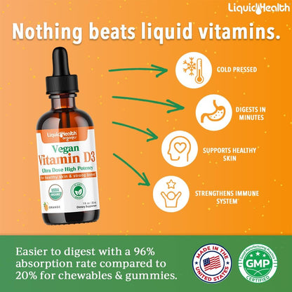 LIQUIDHEALTH Vitamin D3 4000 IE, USDA Bio Vitamin D Flüssig-Tropfen für Erwachsene & Kinder, Veganes Vitamin D zur Unterstützung des Immunsystems, Knochengesundheit, Stimmungsunterstützung, Gesunde Haut – Hergestellt in den USA (30 ml)