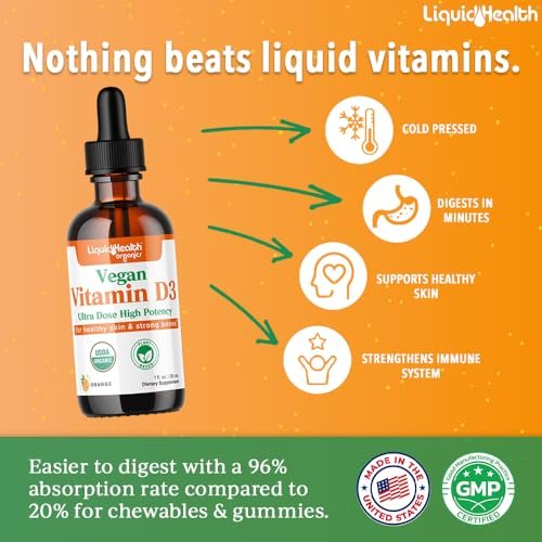 LIQUIDHEALTH Vitamin D3 4000 IE, USDA Bio Vitamin D Flüssig-Tropfen für Erwachsene & Kinder, Veganes Vitamin D zur Unterstützung des Immunsystems, Knochengesundheit, Stimmungsunterstützung, Gesunde Haut – Hergestellt in den USA (30 ml)