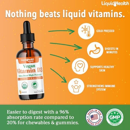 LIQUIDHEALTH Vitamin D3 4000 IE, USDA Bio Vitamin D Flüssig-Tropfen für Erwachsene & Kinder, Veganes Vitamin D zur Unterstützung des Immunsystems, Knochengesundheit, Stimmungsunterstützung, Gesunde Haut – Hergestellt in den USA (30 ml)