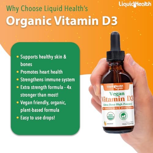 LIQUIDHEALTH Vitamin D3 4000 IE, USDA Bio Vitamin D Flüssig-Tropfen für Erwachsene & Kinder, Veganes Vitamin D zur Unterstützung des Immunsystems, Knochengesundheit, Stimmungsunterstützung, Gesunde Haut – Hergestellt in den USA (30 ml)