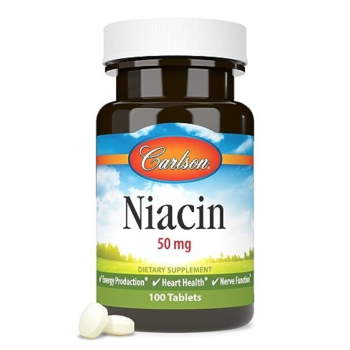 Carlson Niacin 50 mg – 100 Tabletten zur Unterstützung des Cholesterinstoffwechsels, Energieproduktion, Herzgesundheit und Nervenfunktion