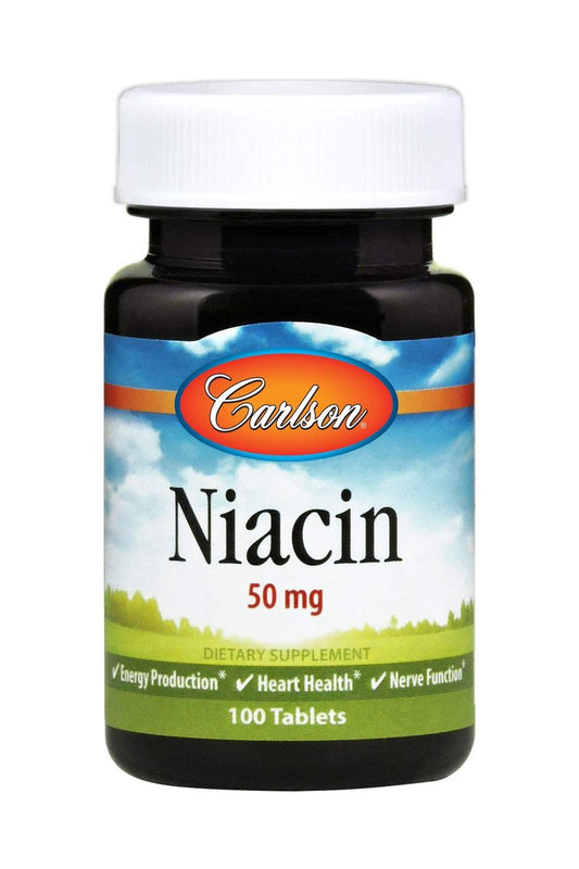 Carlson Niacin 50 mg – 100 Tabletten zur Unterstützung des Cholesterinstoffwechsels, Energieproduktion, Herzgesundheit und Nervenfunktion