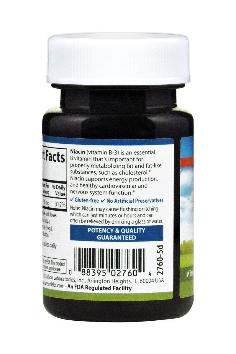 Carlson Niacin 50 mg – 100 Tabletten zur Unterstützung des Cholesterinstoffwechsels, Energieproduktion, Herzgesundheit und Nervenfunktion