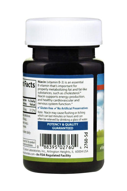 Carlson Niacin 50 mg – 100 Tabletten zur Unterstützung des Cholesterinstoffwechsels, Energieproduktion, Herzgesundheit und Nervenfunktion