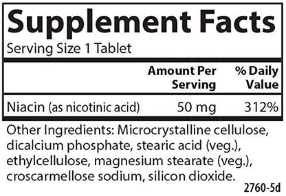 Carlson Niacin 50 mg – 100 Tabletten zur Unterstützung des Cholesterinstoffwechsels, Energieproduktion, Herzgesundheit und Nervenfunktion