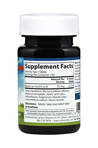 Carlson Niacin 50 mg – 100 Tabletten zur Unterstützung des Cholesterinstoffwechsels, Energieproduktion, Herzgesundheit und Nervenfunktion