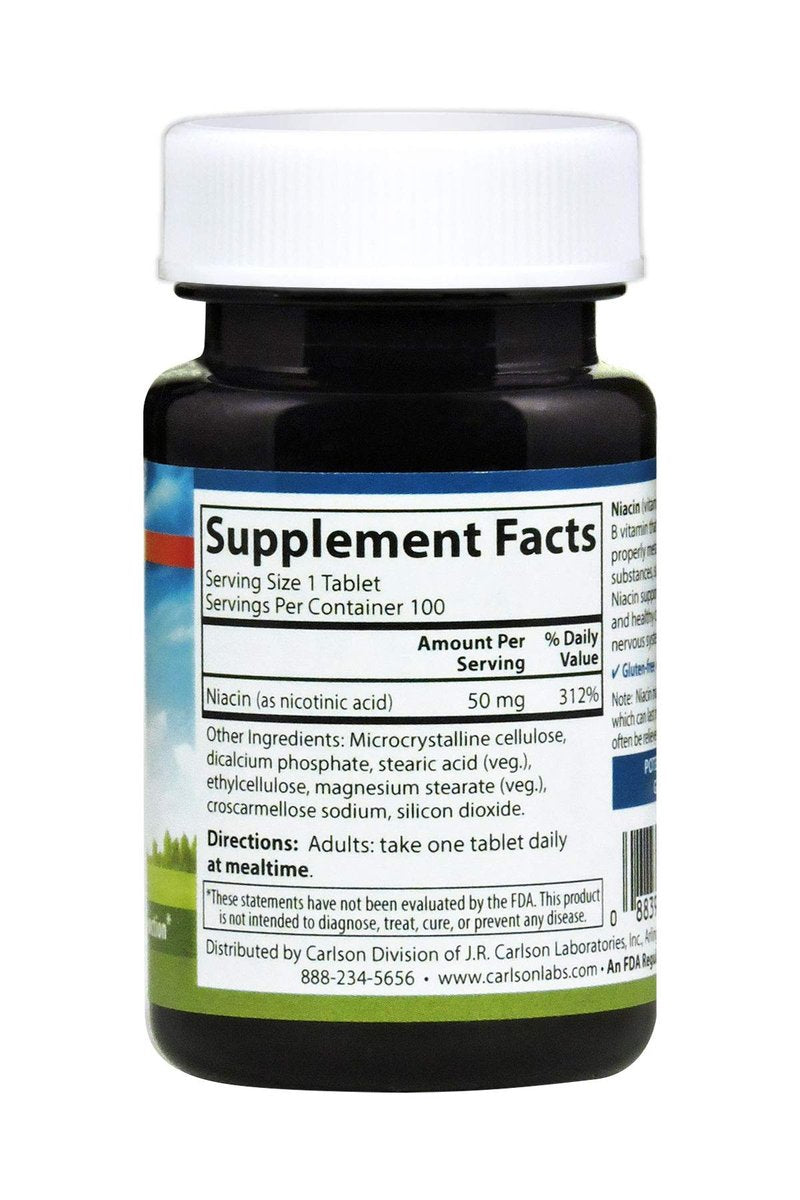 Carlson Niacin 50 mg – 100 Tabletten zur Unterstützung des Cholesterinstoffwechsels, Energieproduktion, Herzgesundheit und Nervenfunktion