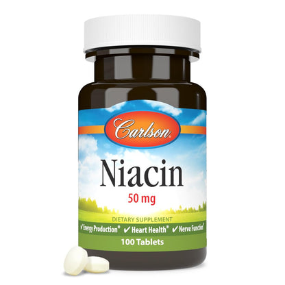 Carlson Niacin 50 mg – 100 Tabletten zur Unterstützung des Cholesterinstoffwechsels, Energieproduktion, Herzgesundheit und Nervenfunktion