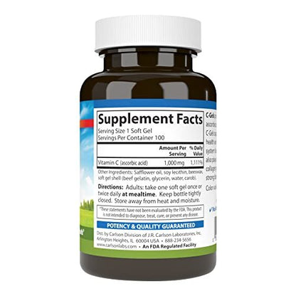 Carlson C-Gels 1000 mg – Vitamin-C-Weichkapseln für Immunsystem & Herzgesundheit, 100 Stück