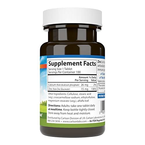 Carlson Zink 15 mg – 100 Tabletten | Immunsystem & Hautgesundheit | Zinkgluconat