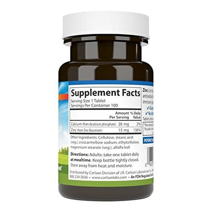 Carlson Zink 15 mg – 100 Tabletten | Immunsystem & Hautgesundheit | Zinkgluconat