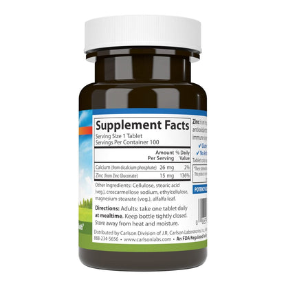 Carlson Zink 15 mg – 100 Tabletten | Immunsystem & Hautgesundheit | Zinkgluconat