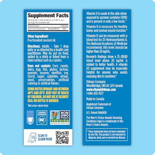 Ddrops Vitamin D3 1000 IE 180 Tropfen – Flüssiges Vitamin D für Knochen & Immunsystem – Ohne große Kapseln, ohne Konservierungsstoffe, Non-GMO, Allergikerfreundlich