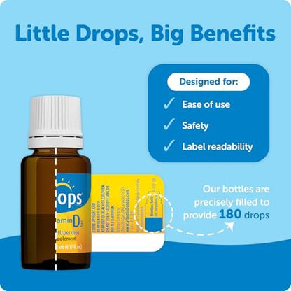 Ddrops Vitamin D3 1000 IE 180 Tropfen – Flüssiges Vitamin D für Knochen & Immunsystem – Ohne große Kapseln, ohne Konservierungsstoffe, Non-GMO, Allergikerfreundlich