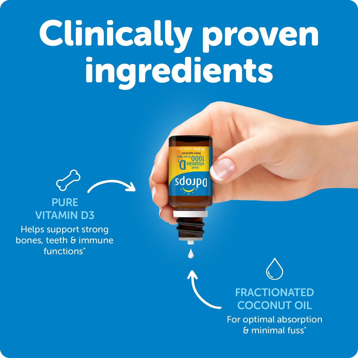 Ddrops Vitamin D3 1000 IE 180 Tropfen – Flüssiges Vitamin D für Knochen & Immunsystem – Ohne große Kapseln, ohne Konservierungsstoffe, Non-GMO, Allergikerfreundlich