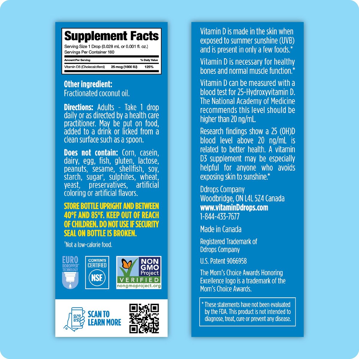 Ddrops Vitamin D3 1000 IE 180 Tropfen – Flüssiges Vitamin D für Knochen & Immunsystem – Ohne große Kapseln, ohne Konservierungsstoffe, Non-GMO, Allergikerfreundlich