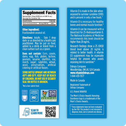 Ddrops Vitamin D3 1000 IE 180 Tropfen – Flüssiges Vitamin D für Knochen & Immunsystem – Ohne große Kapseln, ohne Konservierungsstoffe, Non-GMO, Allergikerfreundlich