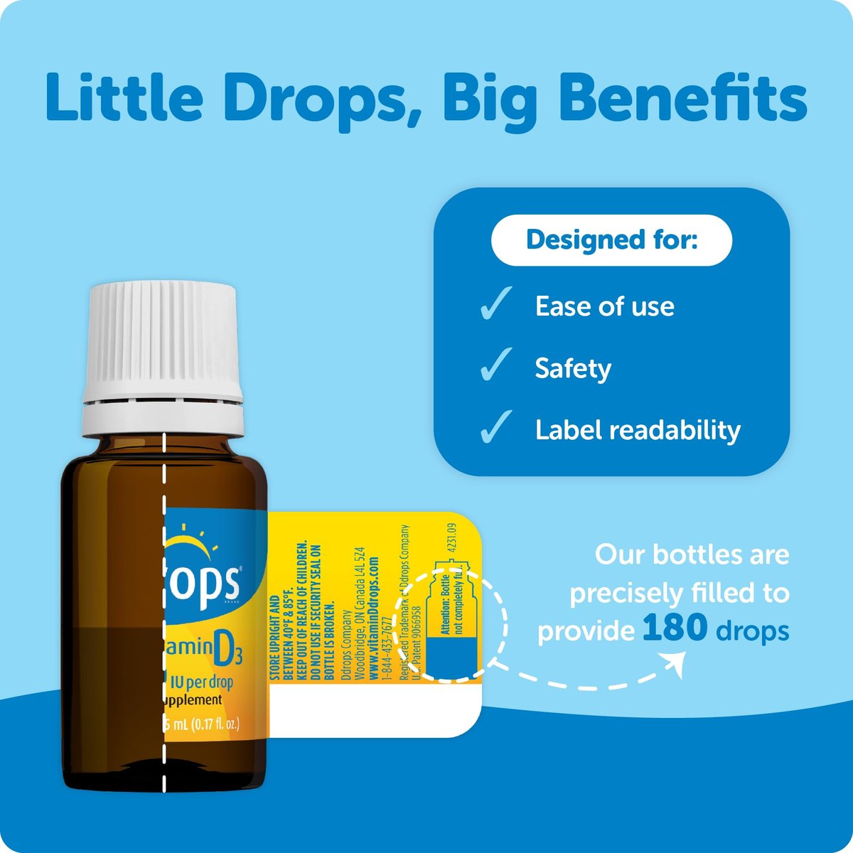 Ddrops Vitamin D3 1000 IE 180 Tropfen – Flüssiges Vitamin D für Knochen & Immunsystem – Ohne große Kapseln, ohne Konservierungsstoffe, Non-GMO, Allergikerfreundlich