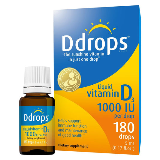 Ddrops Vitamin D3 1000 IE 180 Tropfen – Flüssiges Vitamin D für Knochen & Immunsystem – Ohne große Kapseln, ohne Konservierungsstoffe, Non-GMO, Allergikerfreundlich