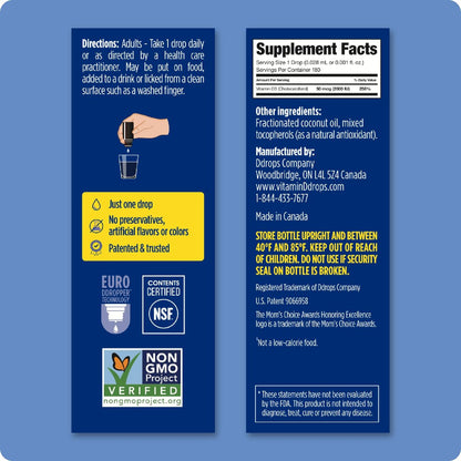 Ddrops Erwachsene 2000 IE 180 Tropfen – Flüssiges Vitamin D3 Präparat für starke Knochen & Immunsystem