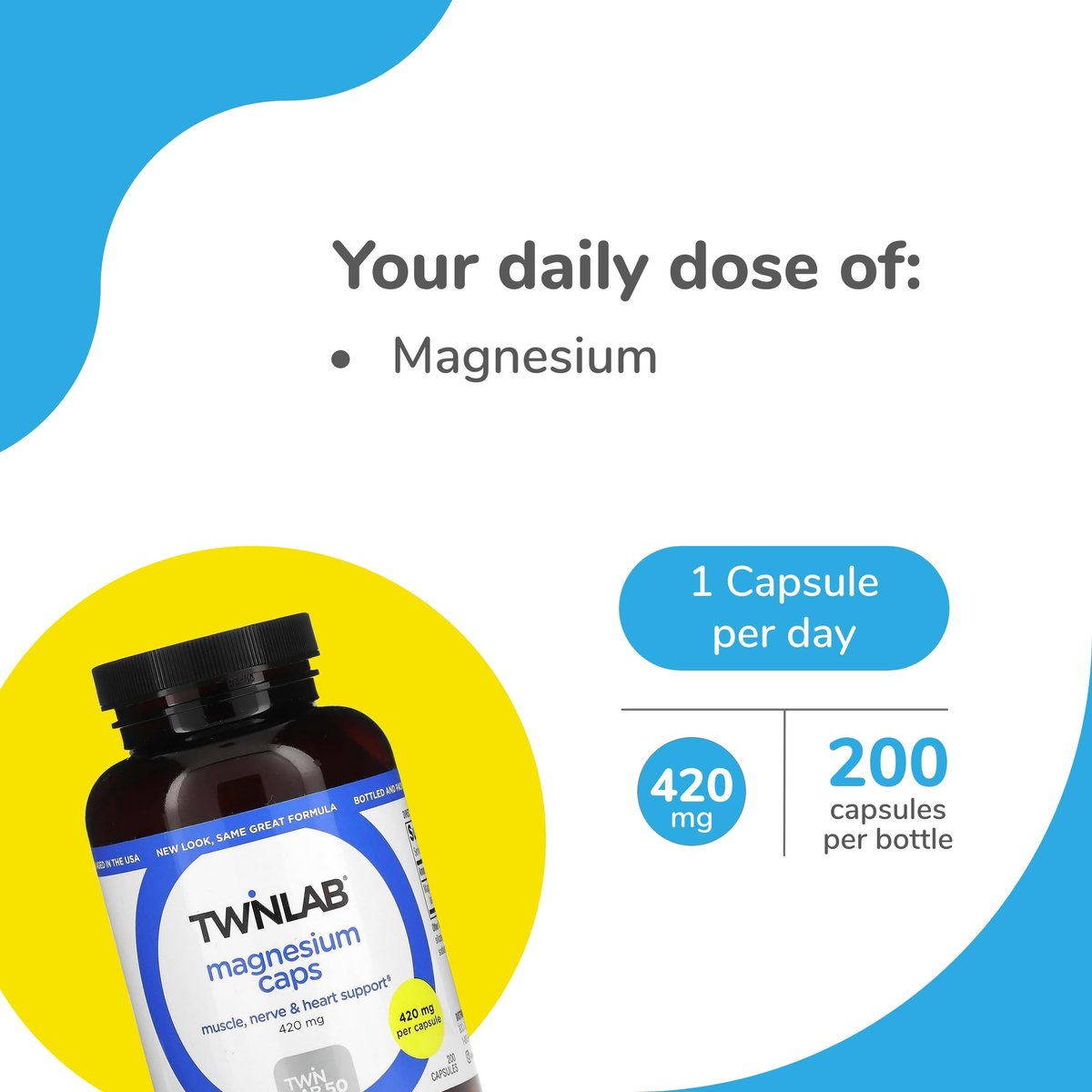 Twinlab Magnesium Kapseln – Hochabsorbierendes Magnesiumpräparat gegen Wadenkrämpfe, 420 mg, 200 Kapseln