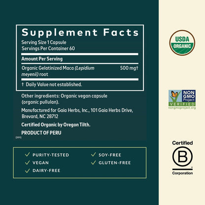 Gaia Herbs Maca Root – Koffeinfreies Energiepräparat – Traditionell zur Unterstützung von Energie und Ausdauer* – Aus Bio-Maca-Wurzel (Lepidium meyenii) – 60 vegane Kapseln (60 Portionen)