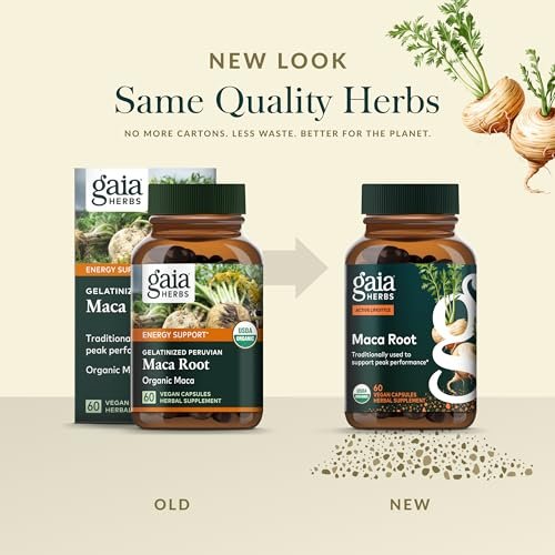 Gaia Herbs Maca Root – Koffeinfreies Energiepräparat – Traditionell zur Unterstützung von Energie und Ausdauer* – Aus Bio-Maca-Wurzel (Lepidium meyenii) – 60 vegane Kapseln (60 Portionen)