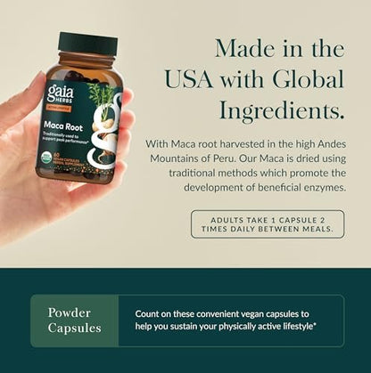 Gaia Herbs Maca Root – Koffeinfreies Energiepräparat – Traditionell zur Unterstützung von Energie und Ausdauer* – Aus Bio-Maca-Wurzel (Lepidium meyenii) – 60 vegane Kapseln (60 Portionen)