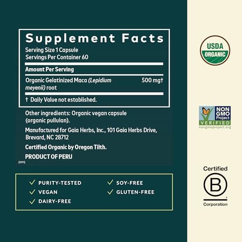 Gaia Herbs Maca Root – Koffeinfreies Energiepräparat – Traditionell zur Unterstützung von Energie und Ausdauer* – Aus Bio-Maca-Wurzel (Lepidium meyenii) – 60 vegane Kapseln (60 Portionen)