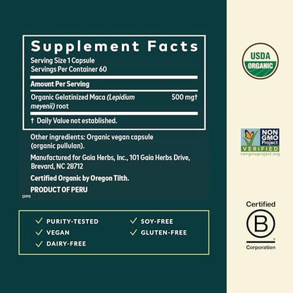 Gaia Herbs Maca Root – Koffeinfreies Energiepräparat – Traditionell zur Unterstützung von Energie und Ausdauer* – Aus Bio-Maca-Wurzel (Lepidium meyenii) – 60 vegane Kapseln (60 Portionen)