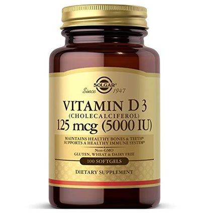 Solgar Vitamin D3 125 MCG (5000 IE) – 100 Softgels – Knochen- & Immununterstützung – Non GMO, Glutenfrei, Laktosefrei