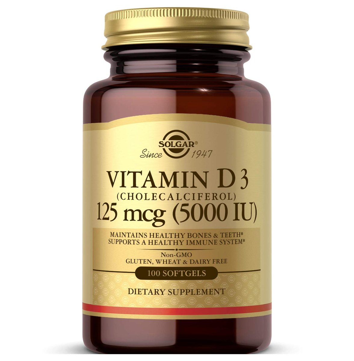 Solgar Vitamin D3 125 MCG (5000 IE) – 100 Softgels – Knochen- & Immununterstützung – Non GMO, Glutenfrei, Laktosefrei